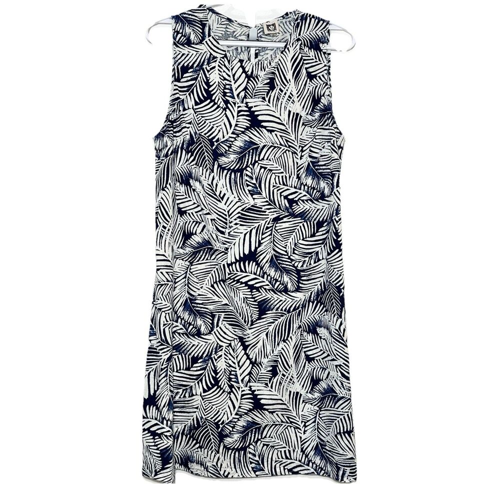 Anne Klein Linen Blend Tropical Leaf Print Shift Dress Blue White 10